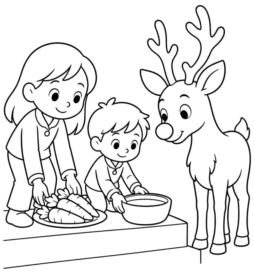 Girl and boy with a plate of carrots and a bowl beside a smiling young reindeer with a round nose