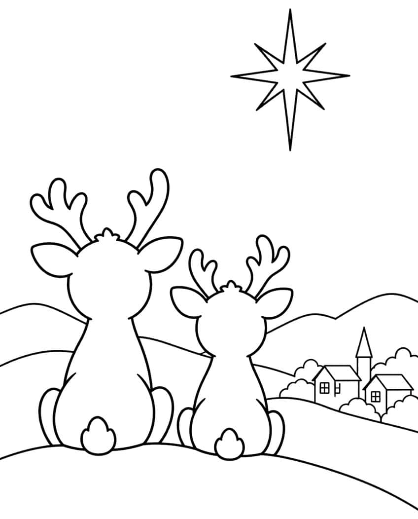 Two reindeer seen from behind on a hill, looking at a big star above a small village with a church