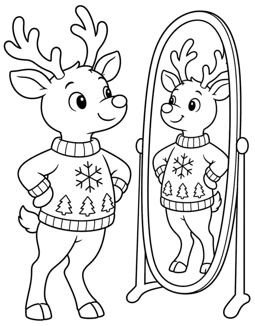 Reindeer in a snowflake and fir tree sweater looking at its reflection in a tall oval mirror