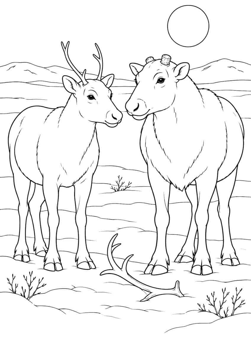 Two standing reindeer, one with antlers and one with stumps, a shed antler, bare shrubs, hills and sun