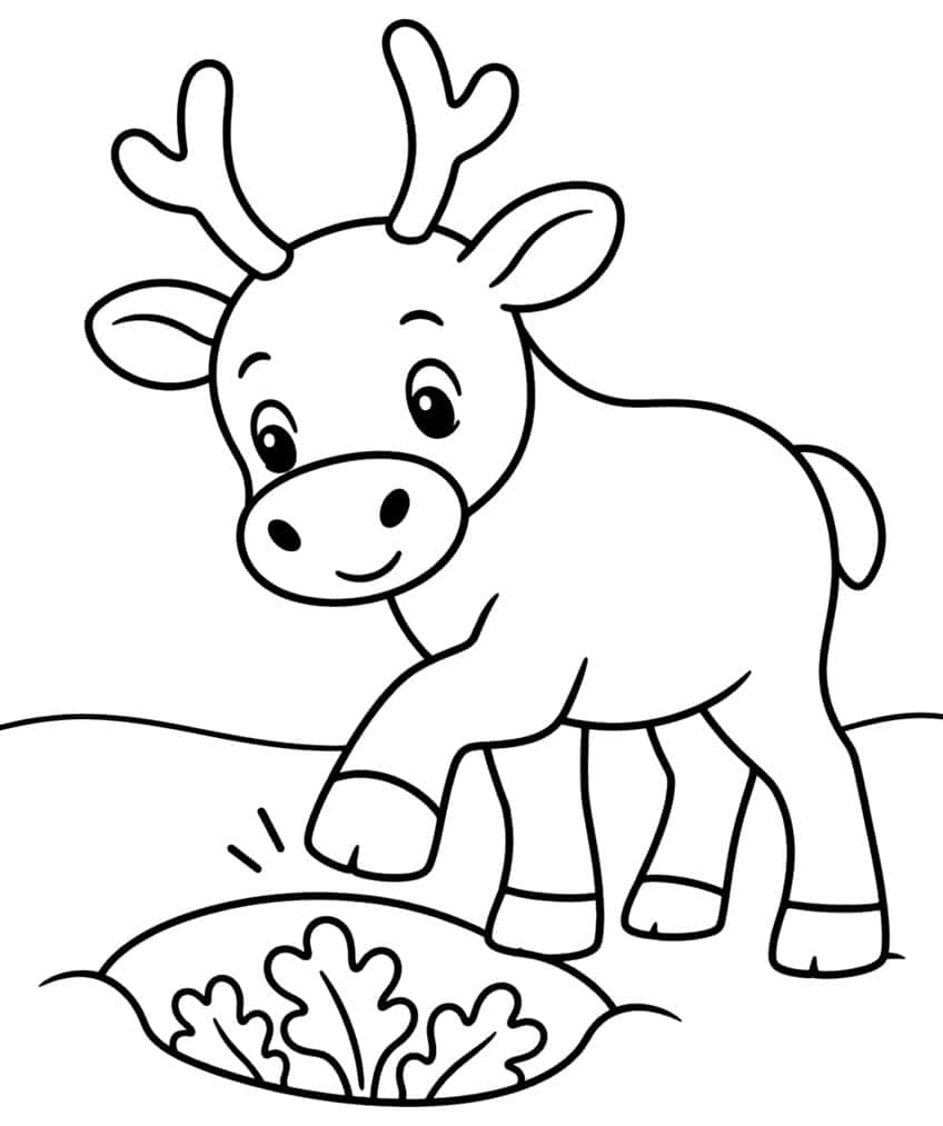 Cartoon baby reindeer with antlers pawing at a snow hole filled with lichen tufts