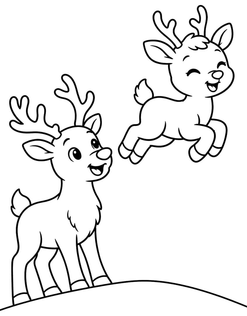 Two cartoon reindeer calves, one standing on a hill and one leaping, both with antlers