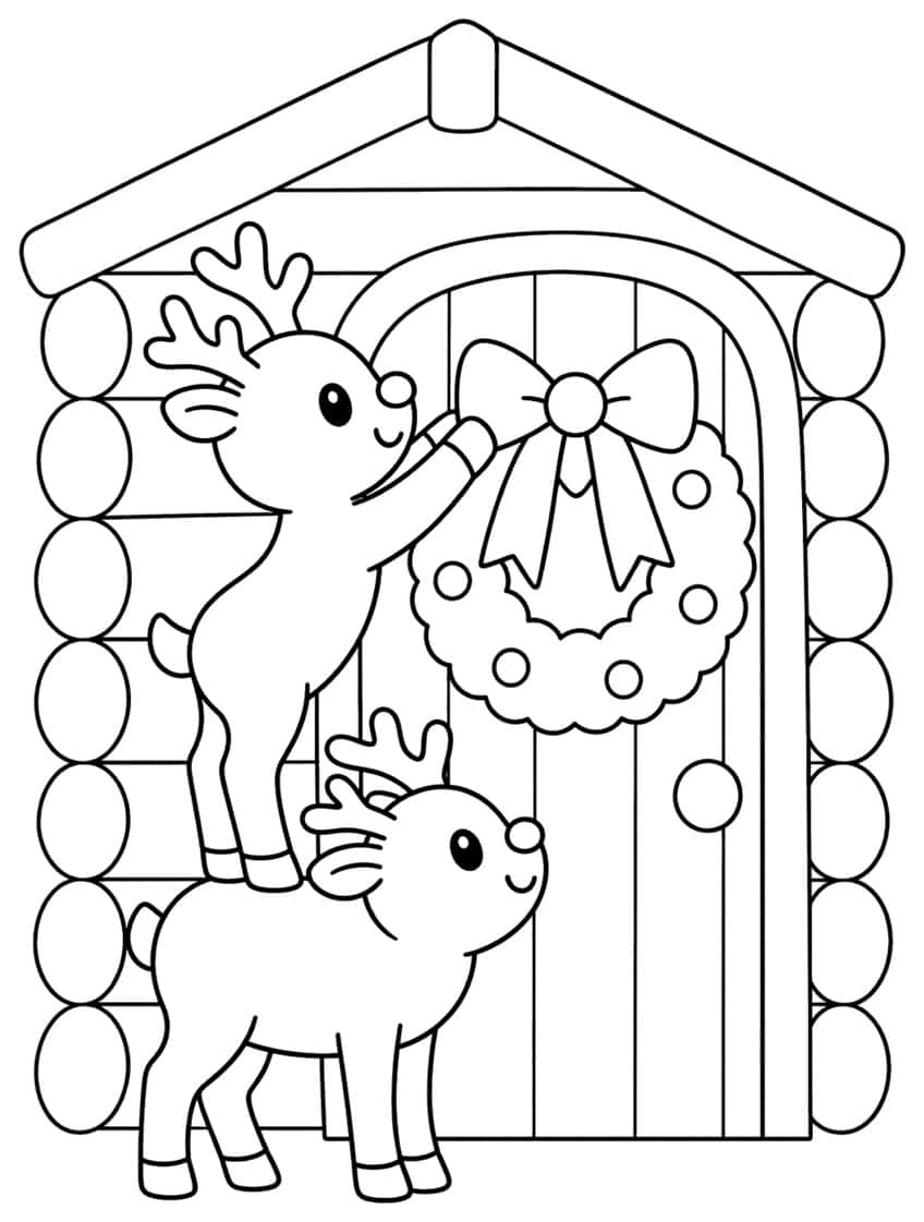 Two baby reindeer stacked up hanging a bow wreath on a log cabin door