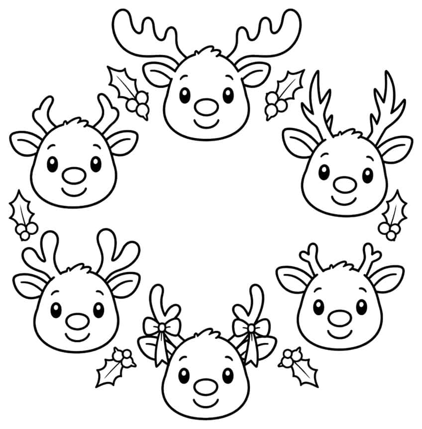 Wreath of six smiling reindeer heads with different antlers, two bows and four holly sprigs