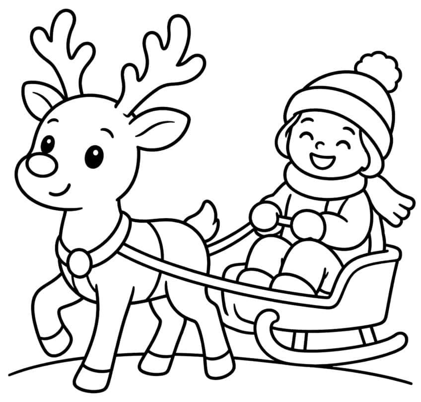 Smiling reindeer in harness pulling a sleigh with a laughing child in a pompom hat and scarf
