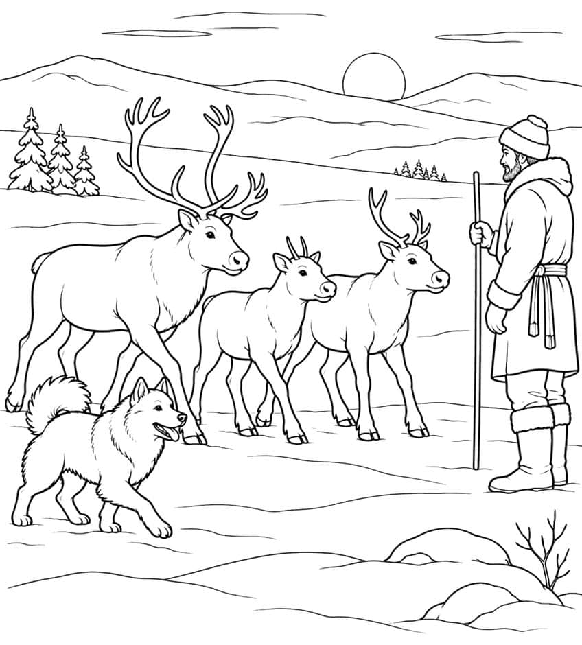 Herder with staff, dog and three reindeer on snowy tundra with sun, hills and spruce trees