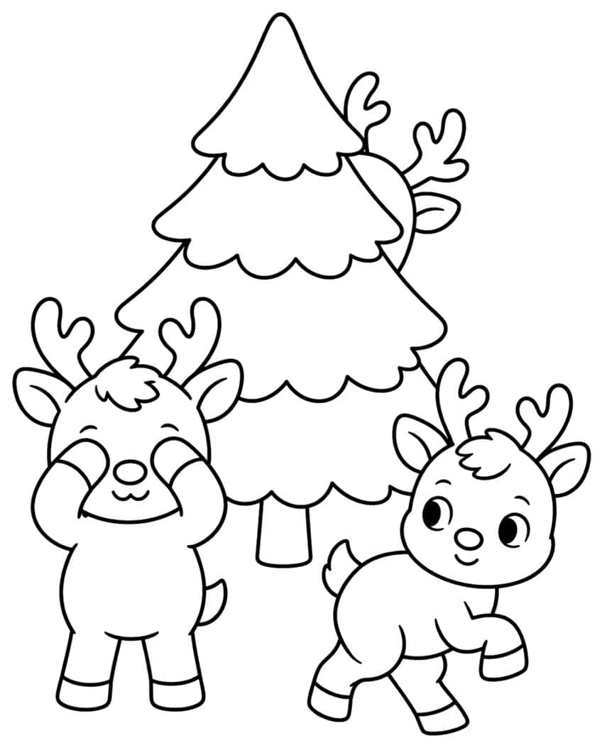 Three cartoon reindeer playing hide and seek around a scalloped fir tree, one covering its eyes