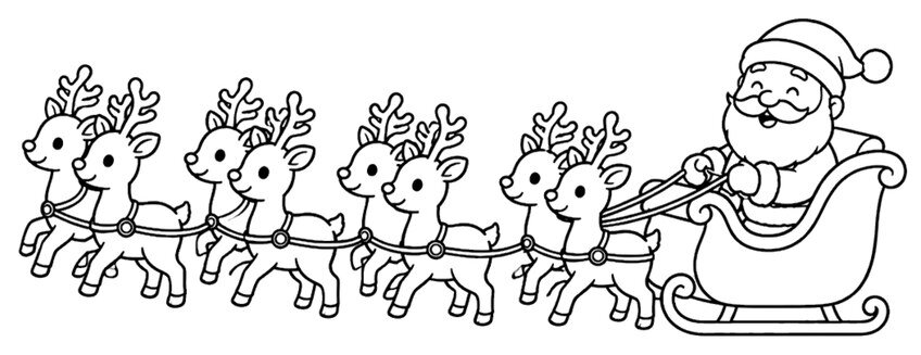 Santa in a sleigh pulled by eight smiling reindeer in harness