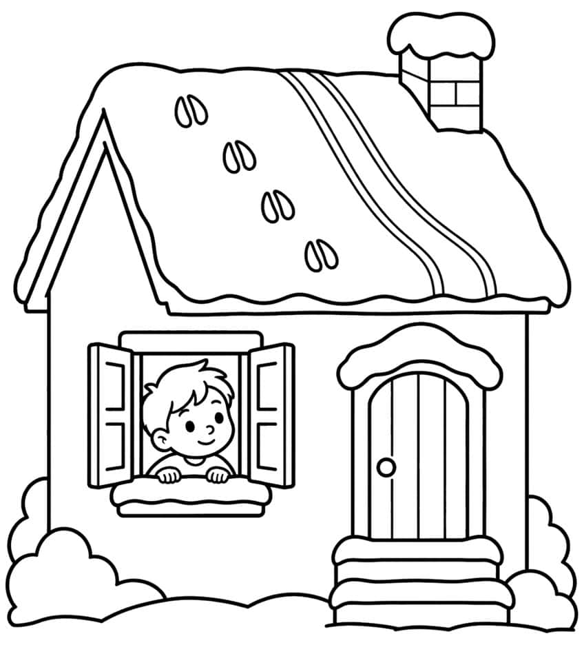 Snowy cottage with a boy at the window, hoof prints on the roof, a brick chimney and an arched door