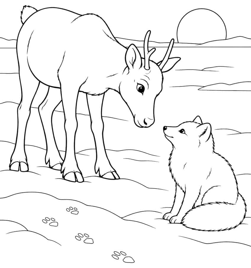 Reindeer bending down to an arctic fox in the snow, with paw prints and a low sun