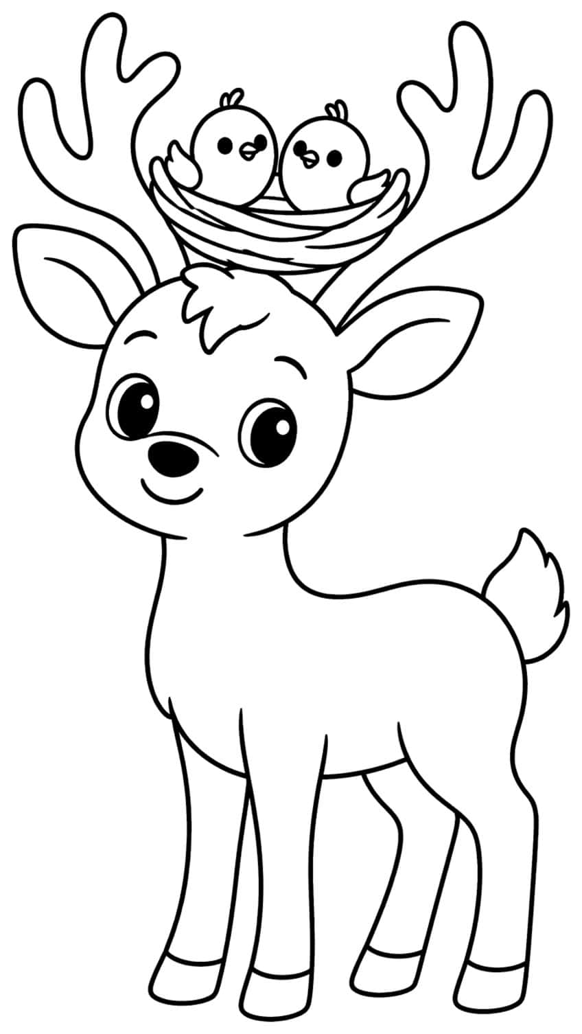 Smiling baby reindeer with antlers holding a nest with two chicks, standing on four legs
