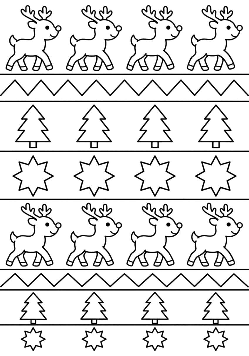 Sweater pattern bands with eight reindeer, zigzag lines, fir trees and eight-pointed stars