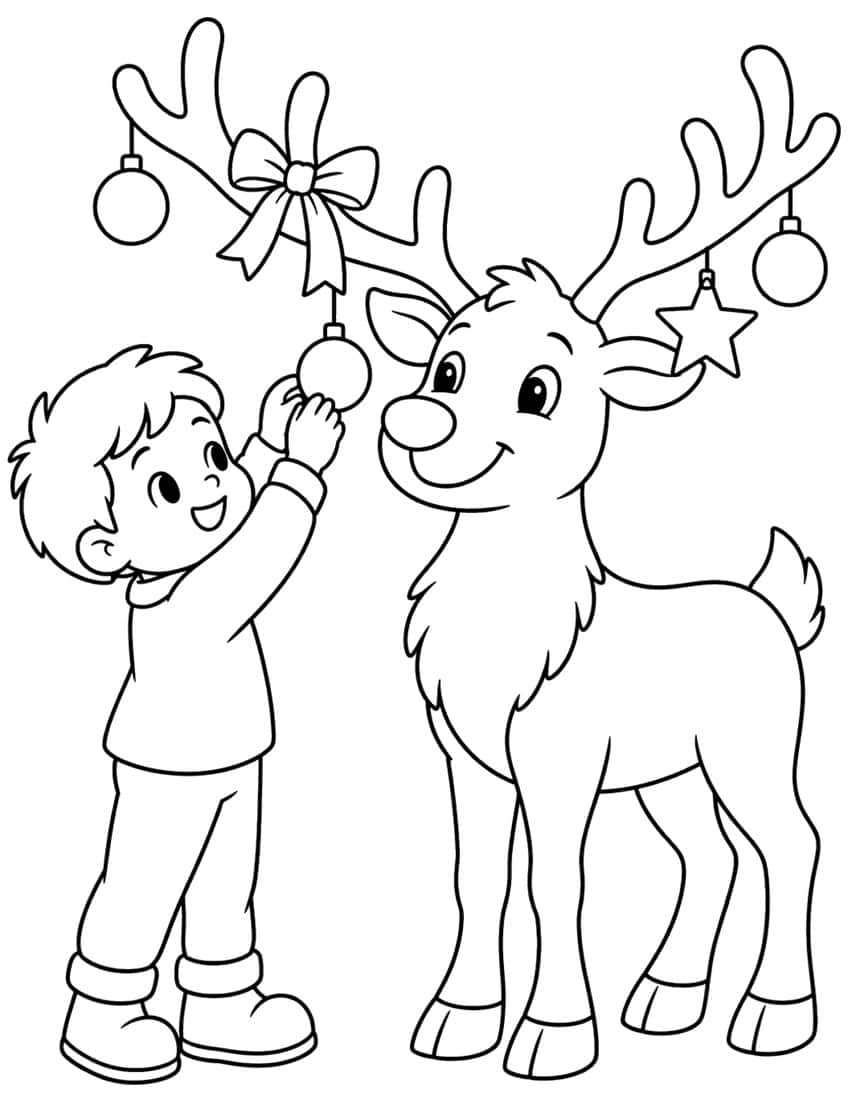Boy reaching for a bauble on a smiling reindeer's antlers with a bow, two baubles and a star
