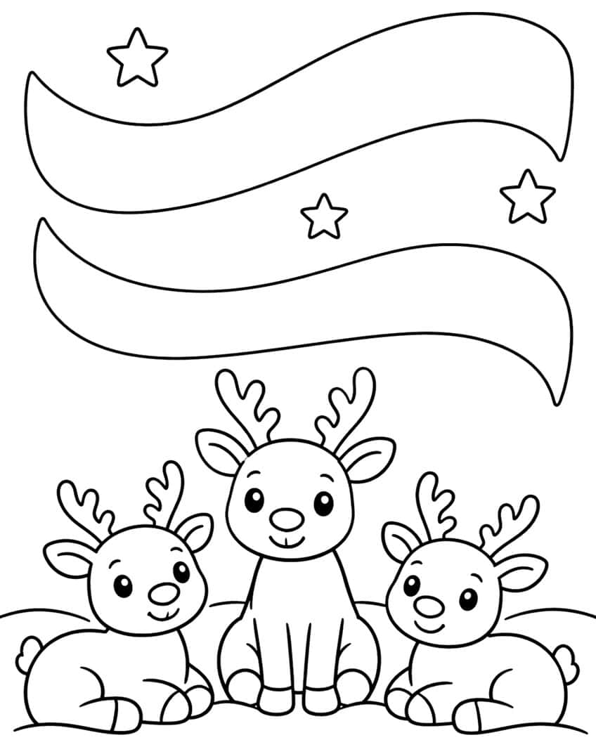 Three smiling reindeer calves in snow beneath two wavy aurora bands and three stars