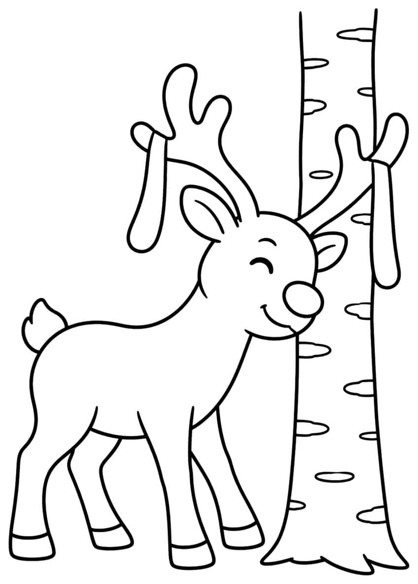 Smiling reindeer with velvet-hung antlers beside a tall birch trunk with oval bark marks