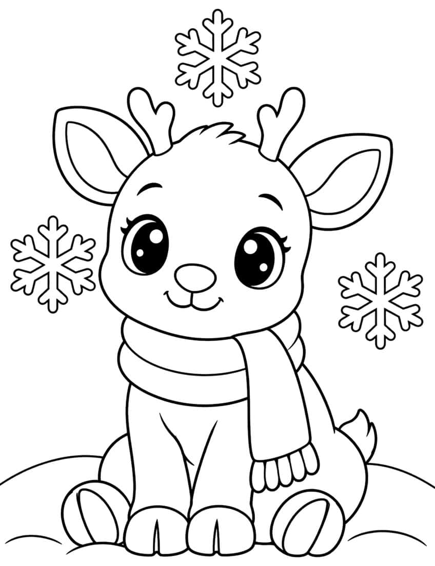 Sitting baby reindeer with big eyes, small antlers and a fringed scarf, with three snowflakes around it