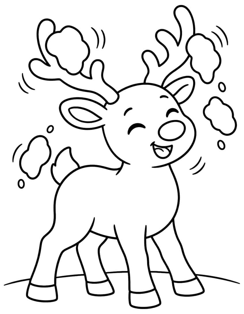 Smiling reindeer shaking snow clumps off its antlers, with motion lines and a ground line