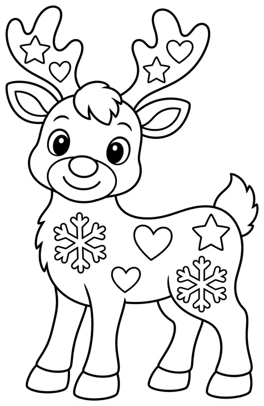 Smiling cartoon reindeer calf with antlers and a body decorated with stars, hearts and snowflakes