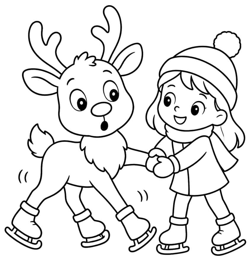 Girl in a bobble hat and a surprised baby reindeer holding hands while ice skating
