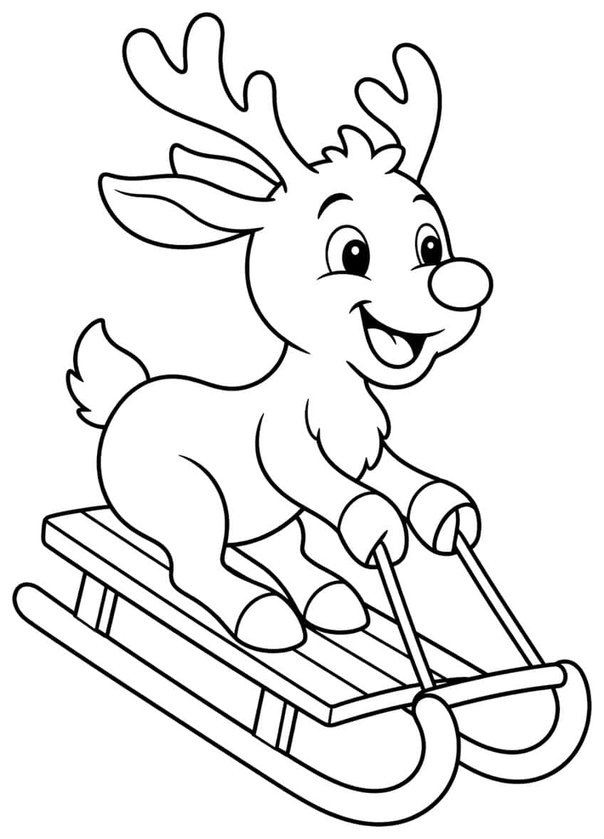 Smiling reindeer with big nose and antlers sitting on a wooden sled with curved runners