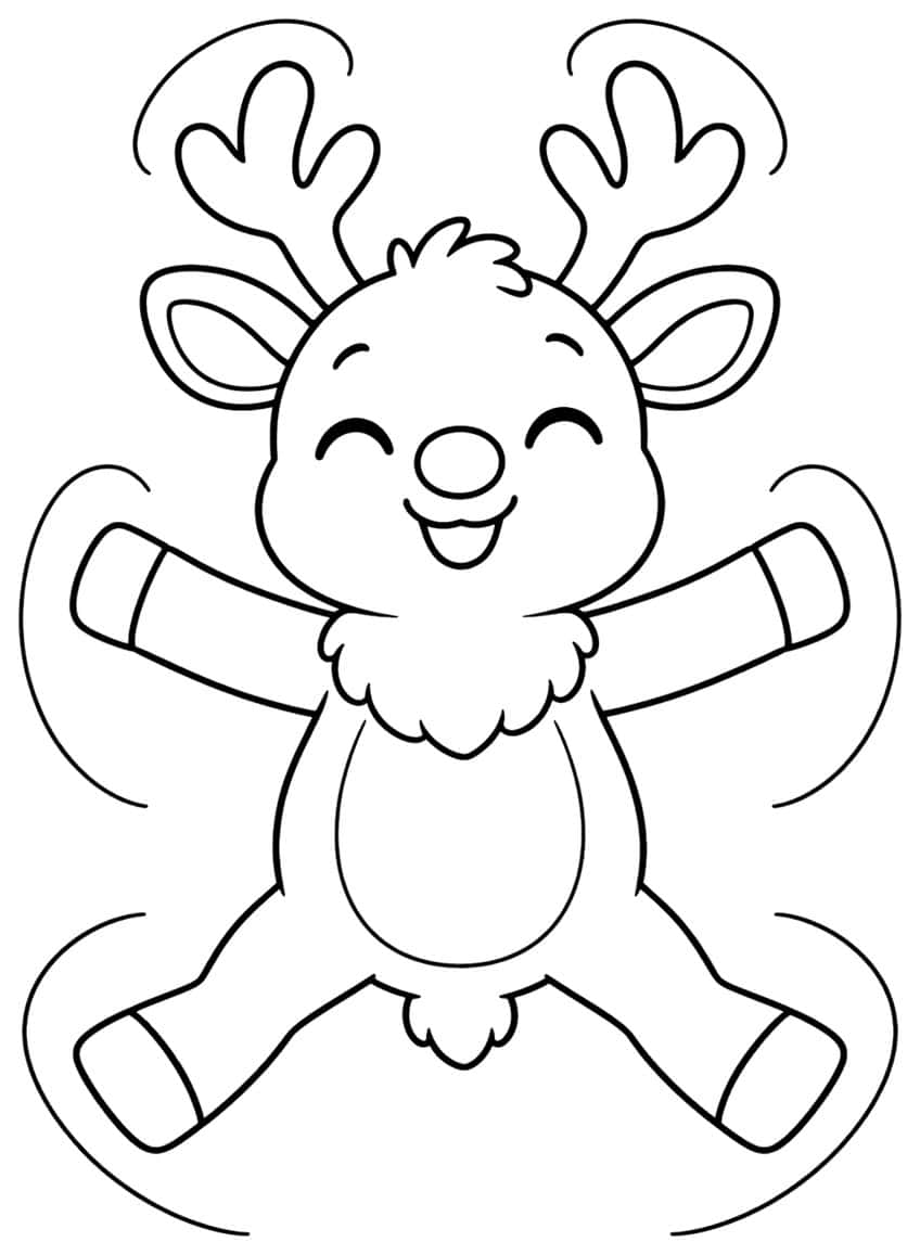 Smiling baby reindeer lying spread-out as a snow angel, with antlers, ears, chest tuft and sweep lines