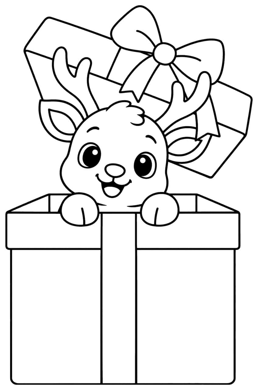 Baby reindeer with antlers peeking out of a gift box with a tilted lid and bow