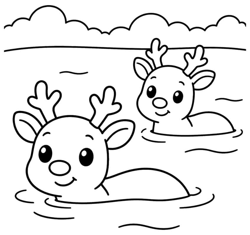 Two smiling cartoon reindeer swimming in a river with ripples and a cloud-like treeline