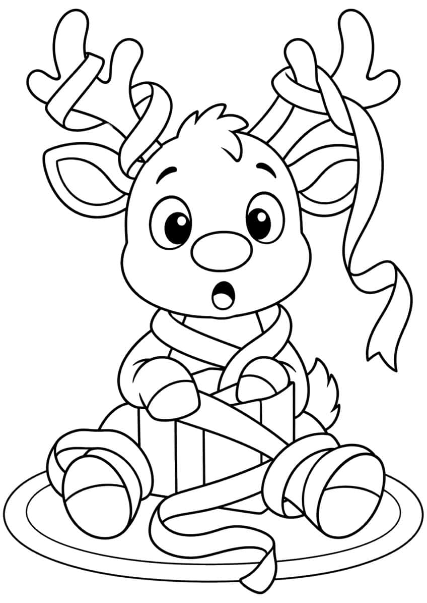Surprised baby reindeer sitting with a gift box and ribbon wrapped around its antlers, neck and hooves