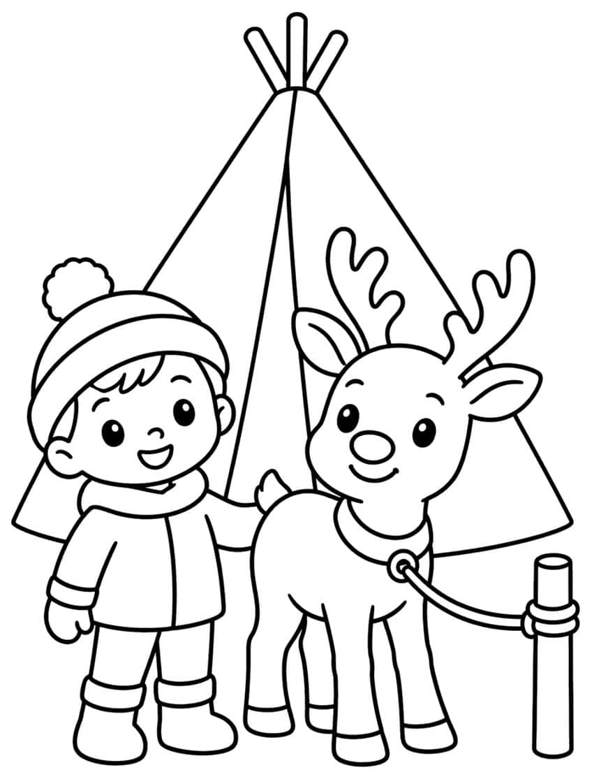 Child in pompom hat beside a smiling reindeer tied to a post in front of a pole tent