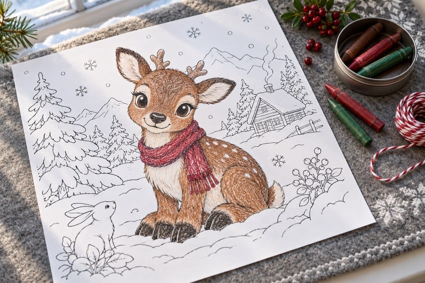 reindeer coloring page partly colored in with pencils