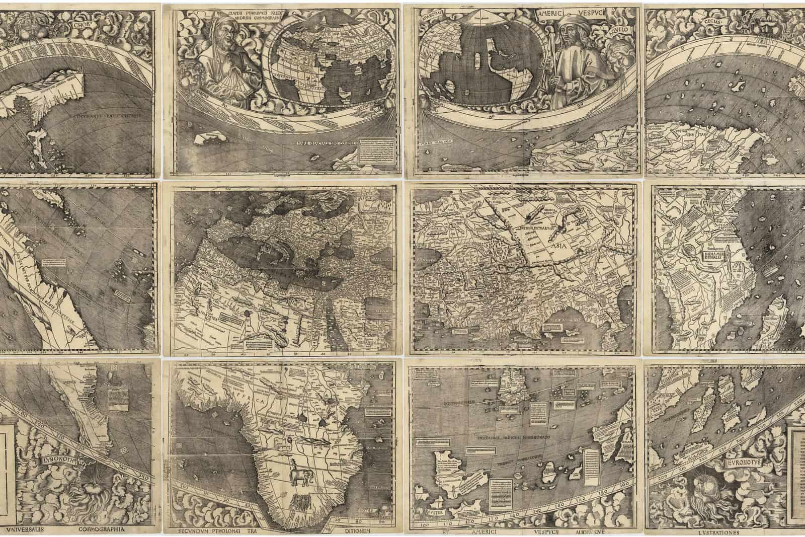 Martin Waldseemüller’s twelve-sheet 1507 world map spreads across a gridded field beneath two circular portraits.
