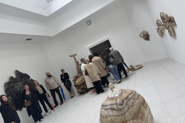 People gather at the U.S. Pavilion during the opening days of the 2026 Venice Biennale.