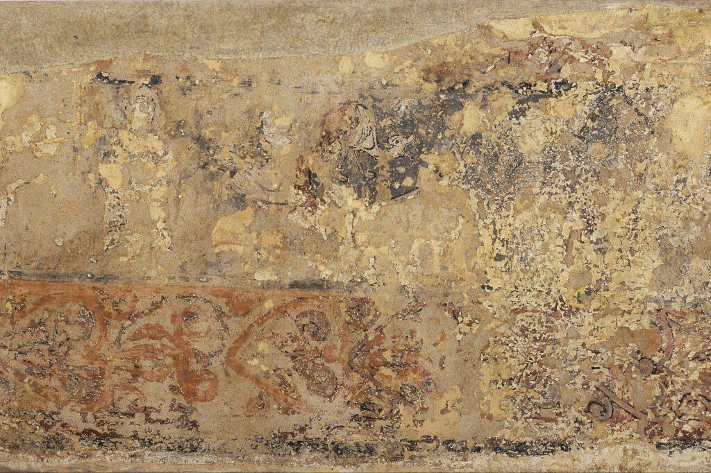 Courtly figures and mounted soldiers appear across a long medieval mural panel from the secular paintings of Sijena.