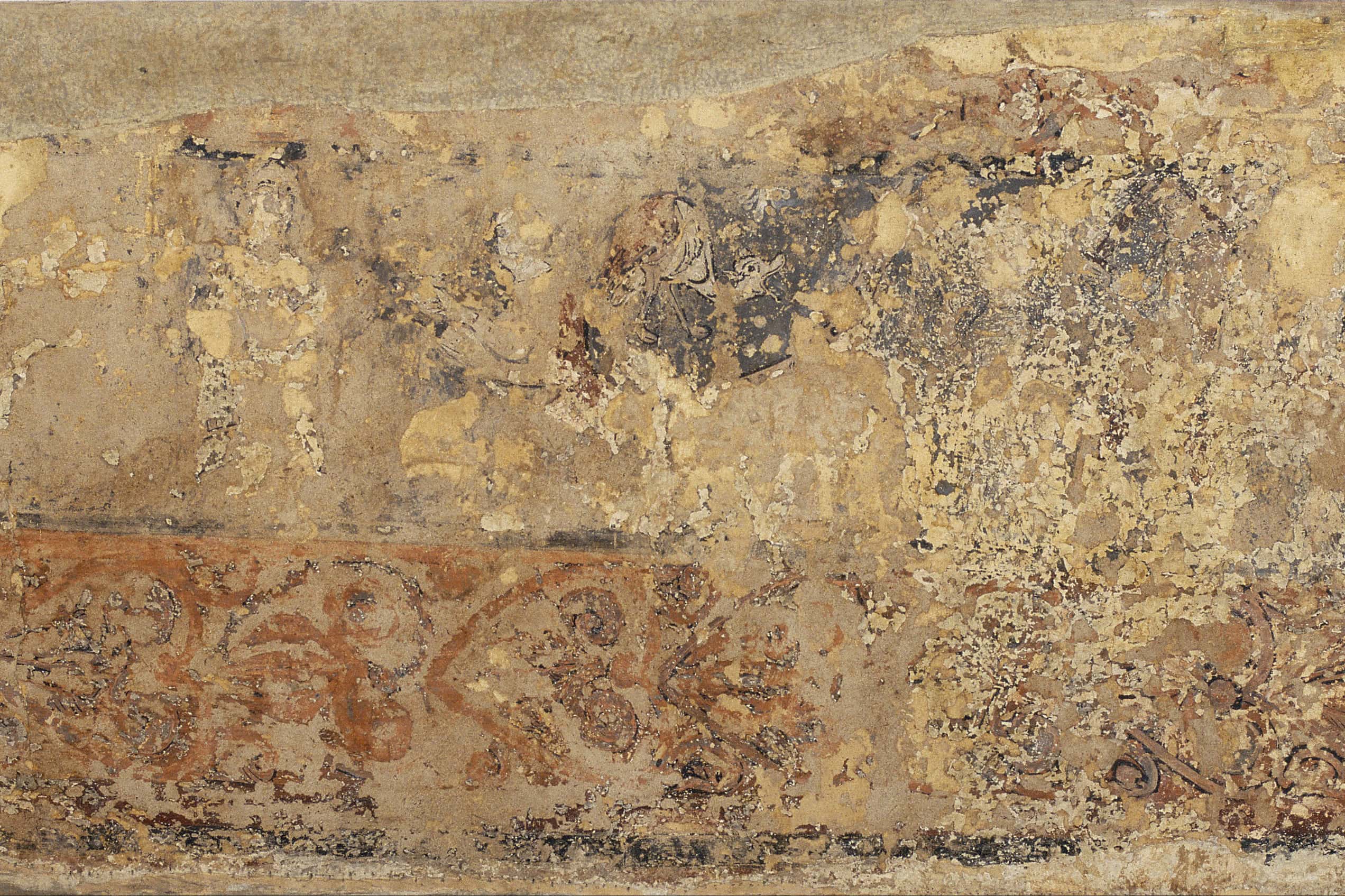 Courtly figures and mounted soldiers appear across a long medieval mural panel from the secular paintings of Sijena.