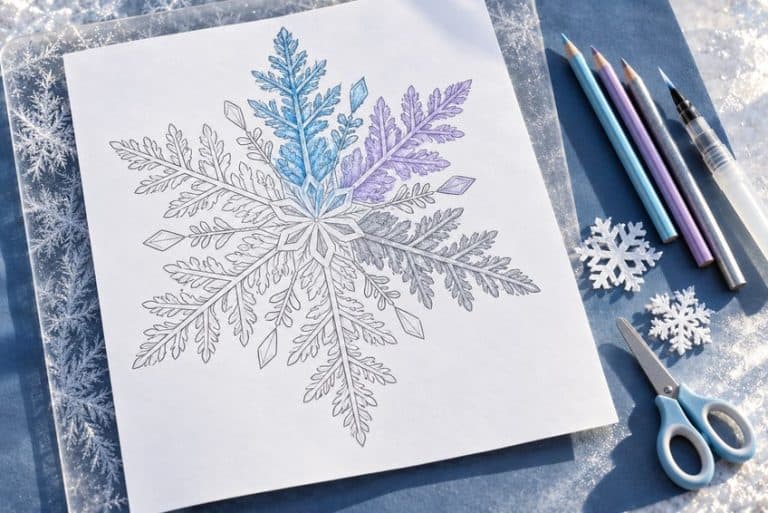 snowflake coloring page partly colored in with pencils
