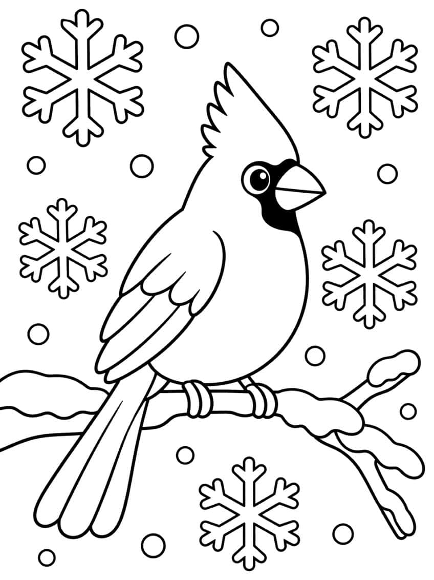 Cardinal with tall crest on a snowy branch, surrounded by five snowflakes and small snow dots