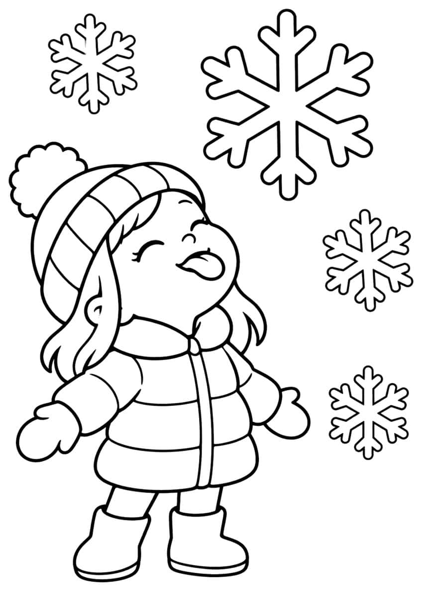 Child in a pom-pom hat and puffy coat sticking out tongue, with four snowflakes
