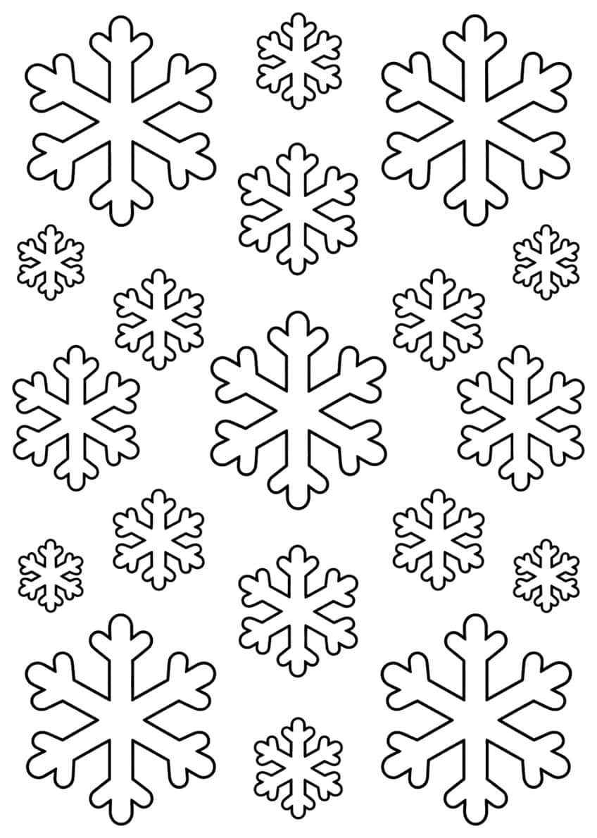 Nineteen six-armed snowflakes in three sizes scattered across the page