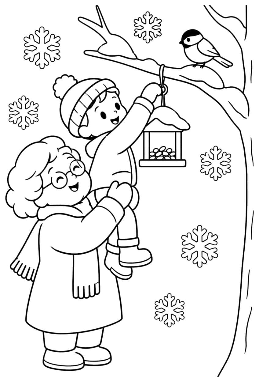 Woman lifting a child to hang a bird feeder on a snowy tree branch with a chickadee and six snowflakes
