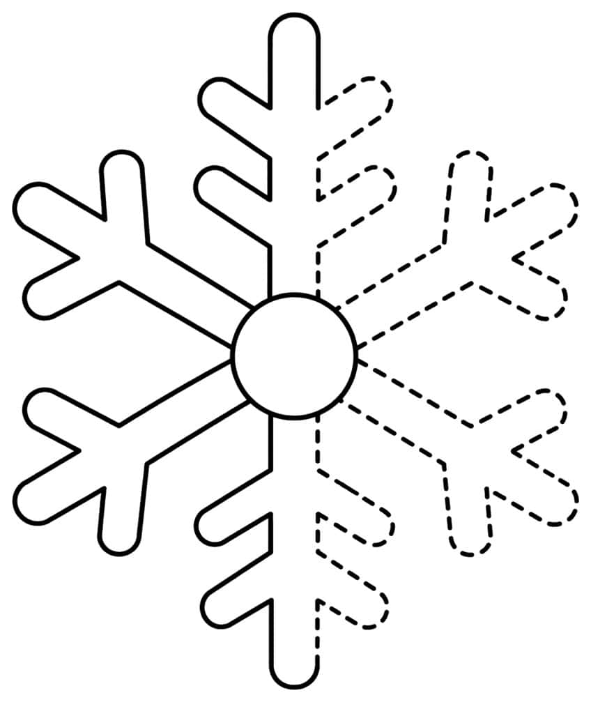 Six-armed snowflake with solid left half, dashed right half to trace and a round center