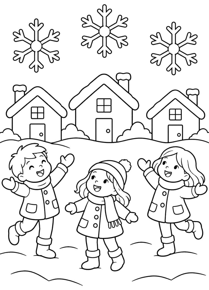 Three laughing children in winter coats under three snowflakes, with three snowy houses behind