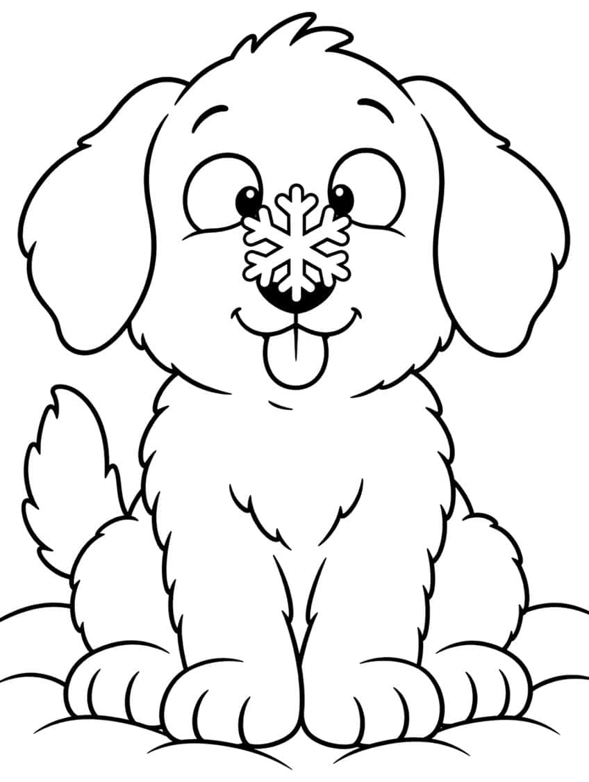 Smiling puppy with floppy ears, tongue out and a snowflake on its nose, sitting in snow