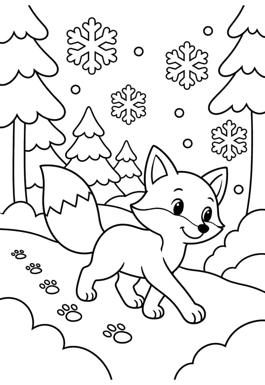 Smiling fox walking past snowy fir trees with paw prints and four falling snowflakes
