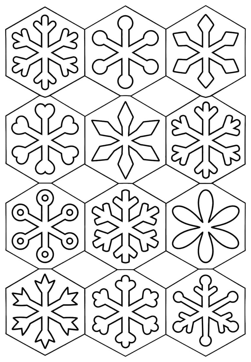 Twelve hexagon tiles in a grid, each with a different six-armed snowflake outline