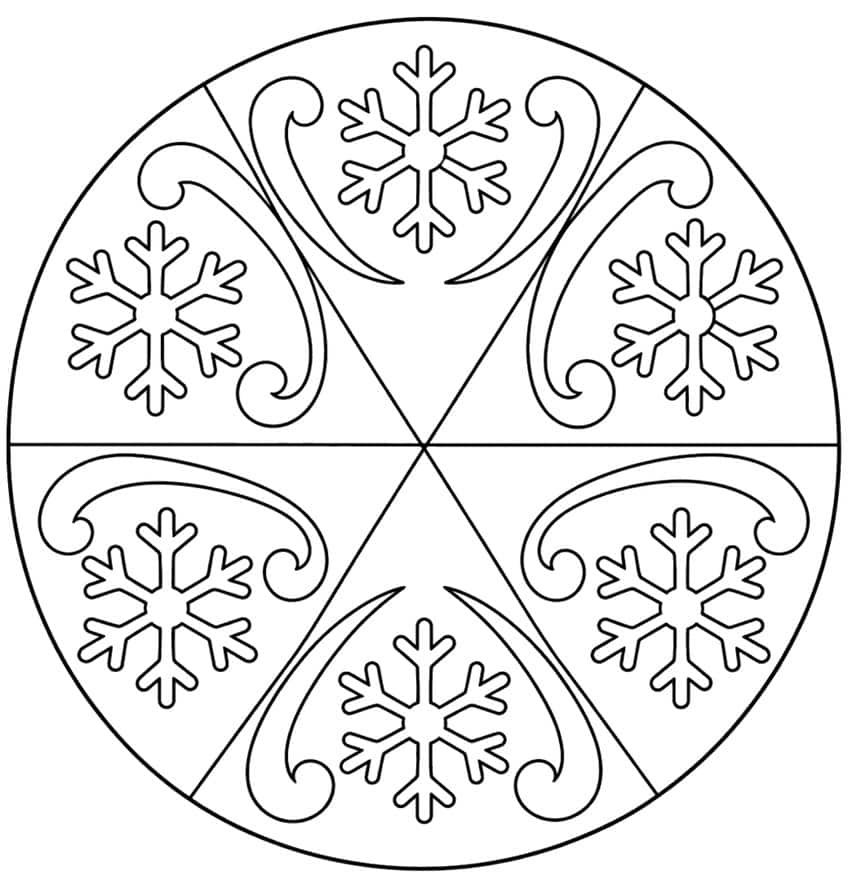 Circle divided into six wedges, each with a snowflake and curling scroll swirls
