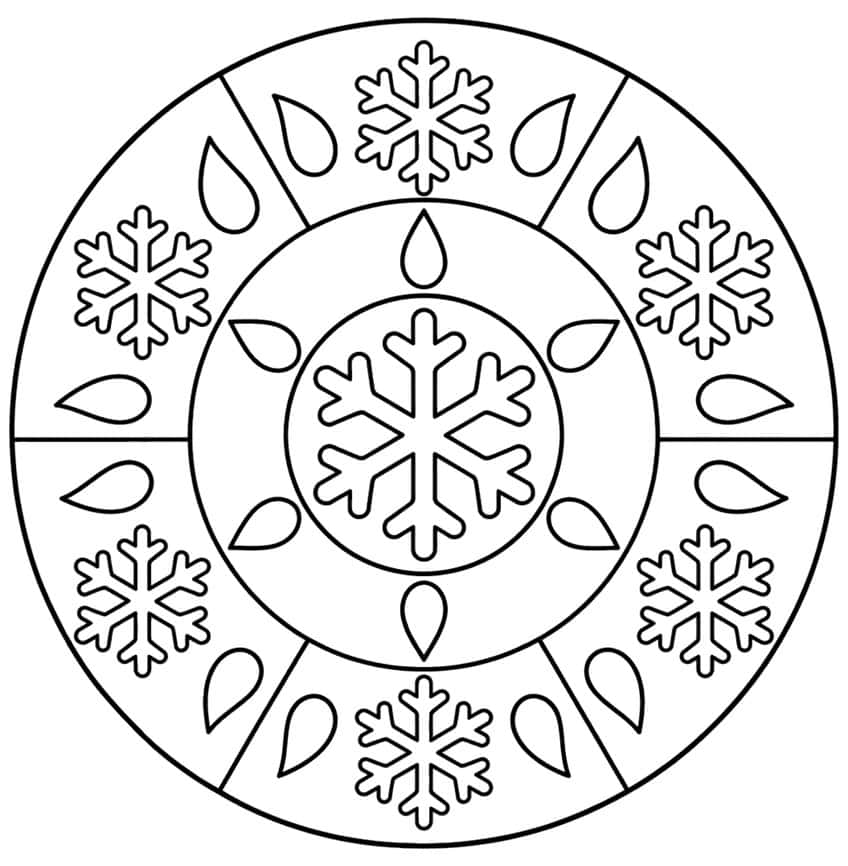 Round mandala with a large center snowflake, six teardrop petals and six small snowflakes in the outer ring