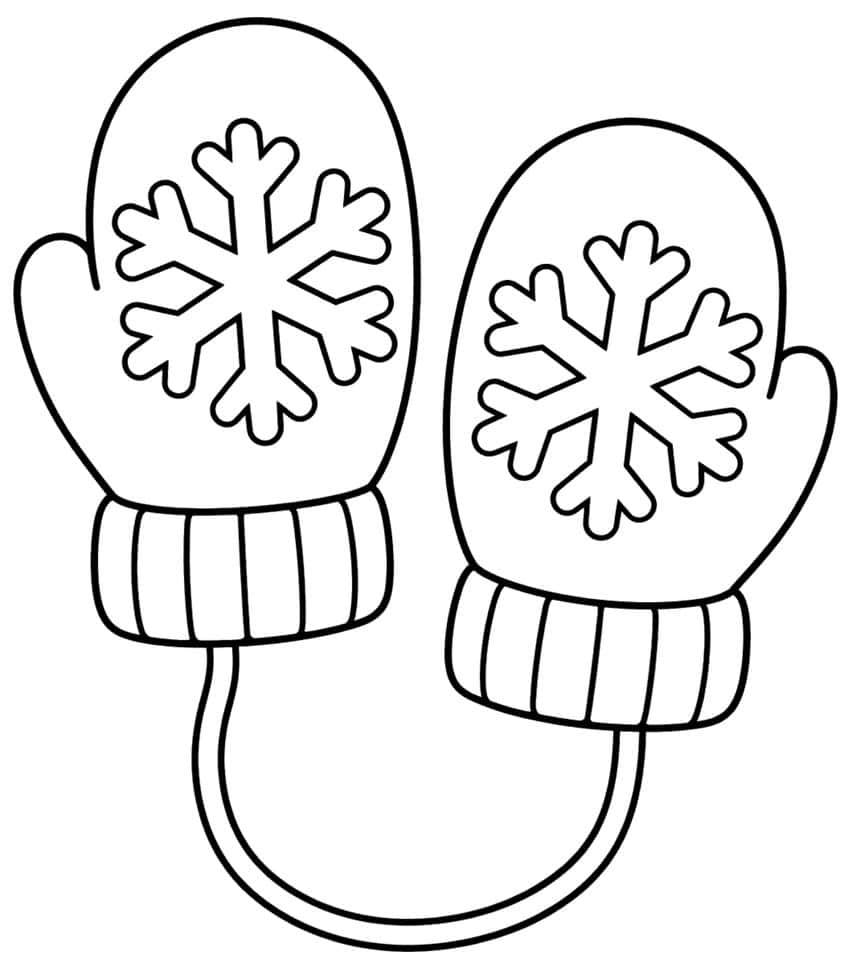 Two mittens with snowflake designs, ribbed cuffs and a looped string between them