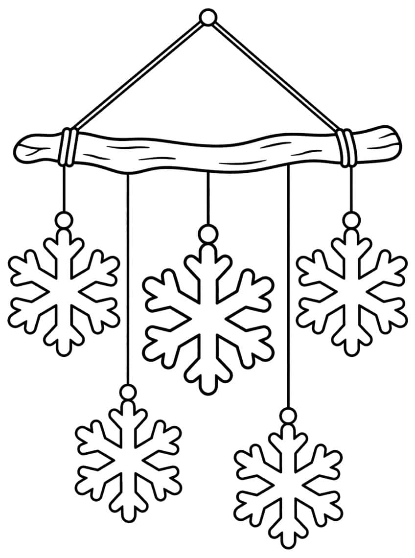 Driftwood branch mobile with five hanging six-armed snowflakes on strings with beads