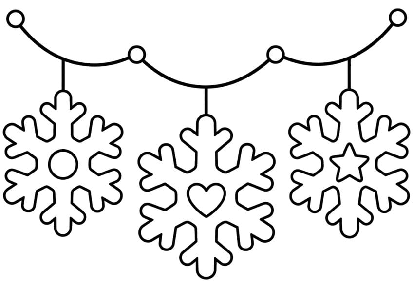 Garland with three hanging snowflakes holding a circle, a heart and a star