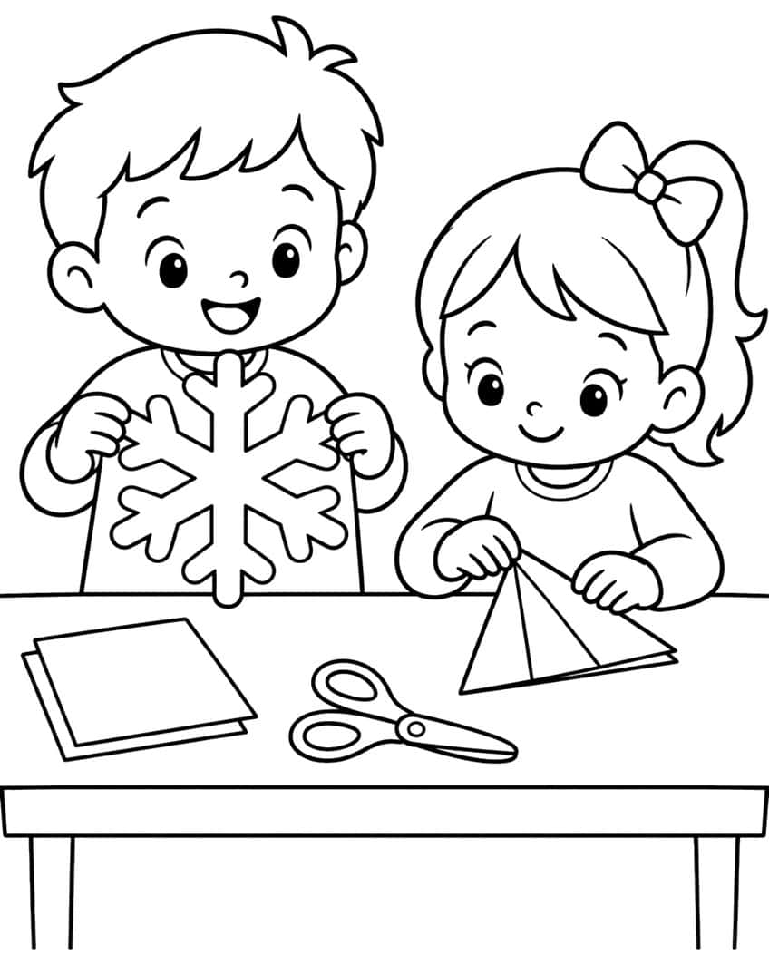 Boy holding a paper snowflake and girl with a folded paper, scissors and paper on a table